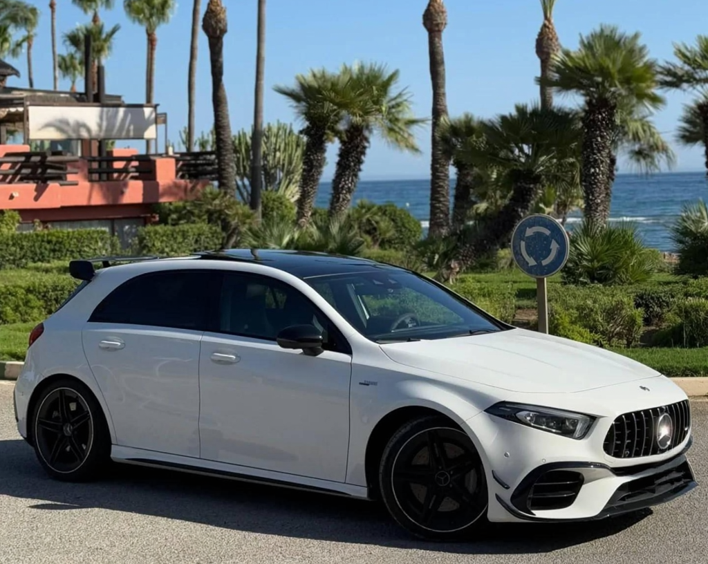 Side profile of Mercedes-AMG A45 performance rental car in Marbella
