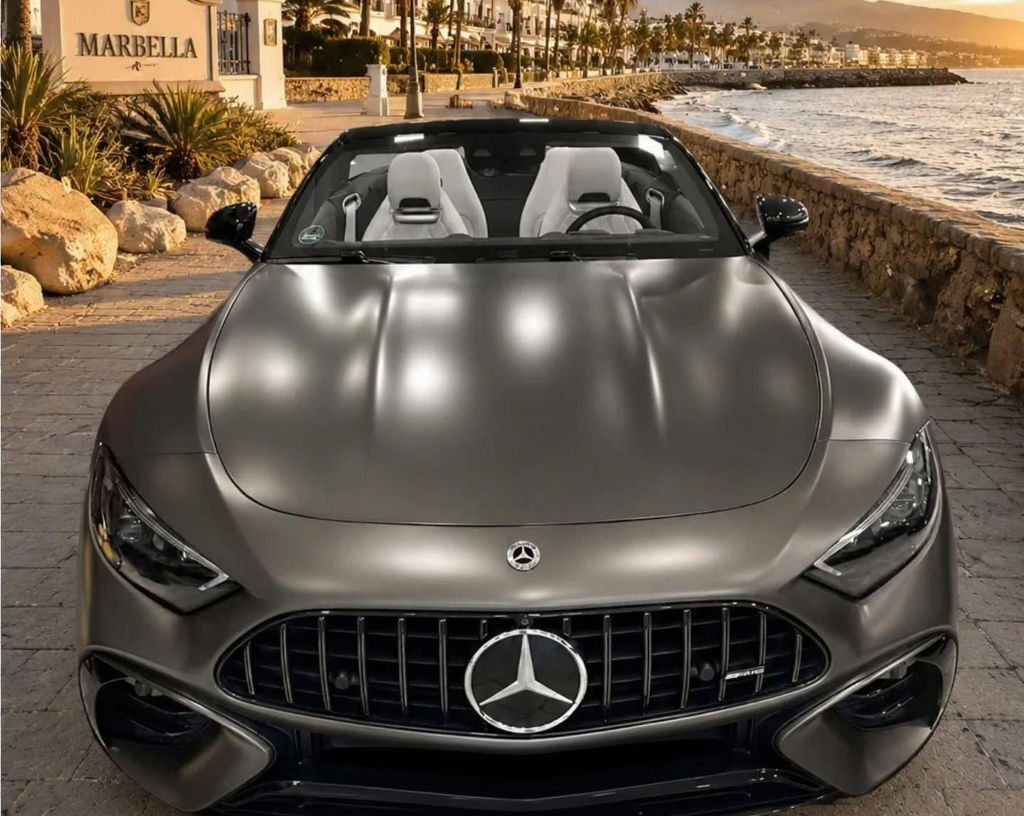 Front view of Mercedes-AMG SL high-performance convertible sports car in Marbella