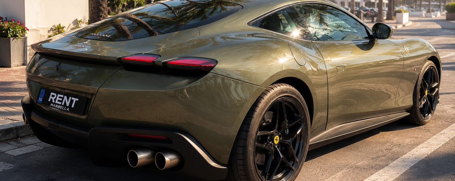 Rear right angle view of a Ferrari Roma in Marbella
