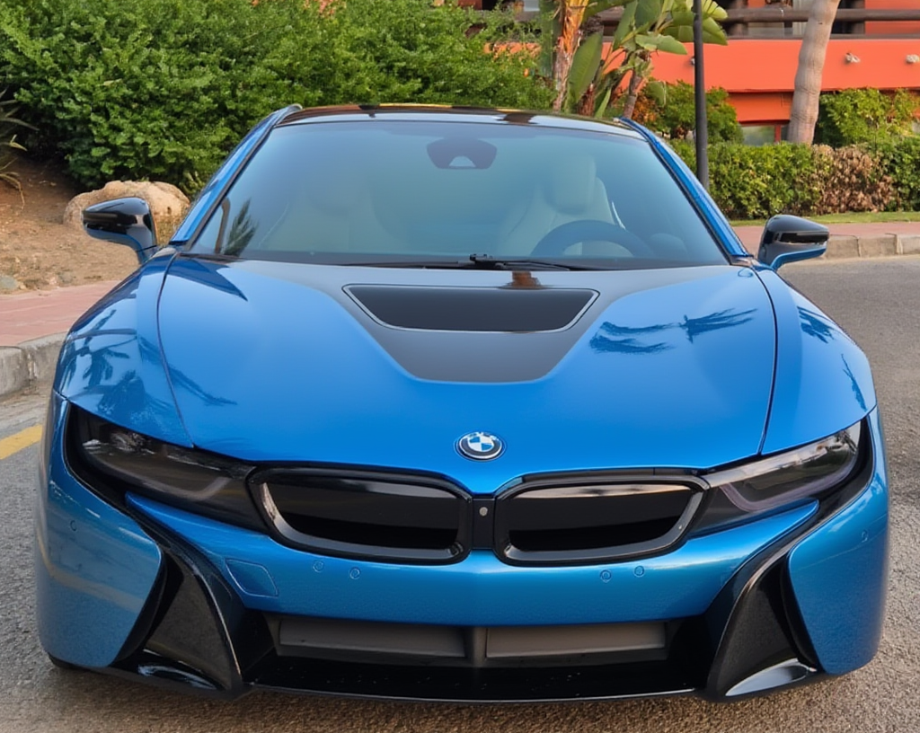 Front view of BMW i8 374 hp hybrid sports coupe showing low bonnet, LED headlights and kidney grille, available for rental in Marbella.