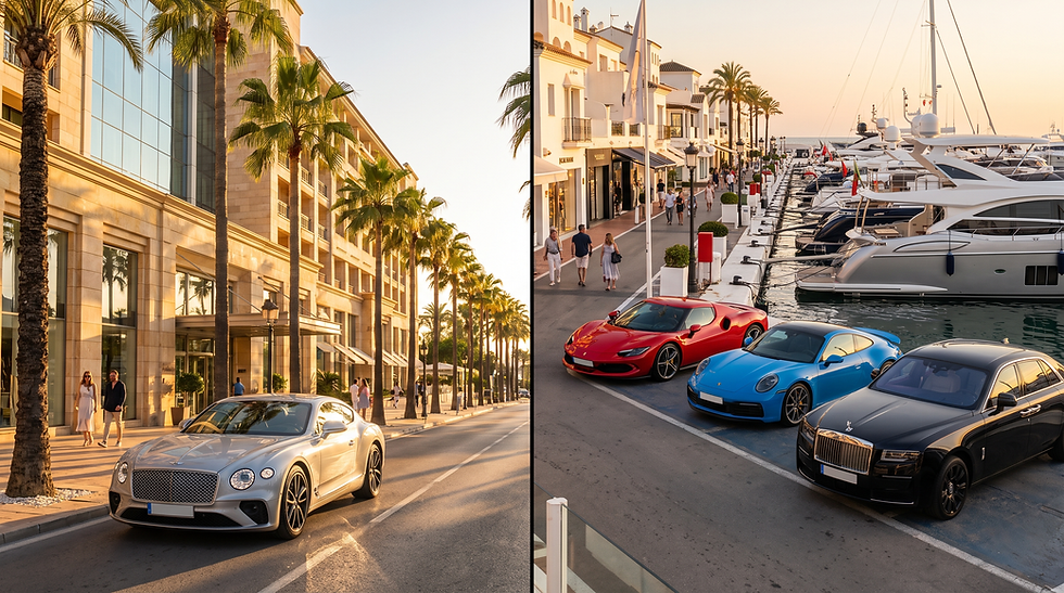 Luxury cars parked in Marbella and Puerto Banús with luxury hotels, yachts and palm-lined streets on the Costa del Sol.