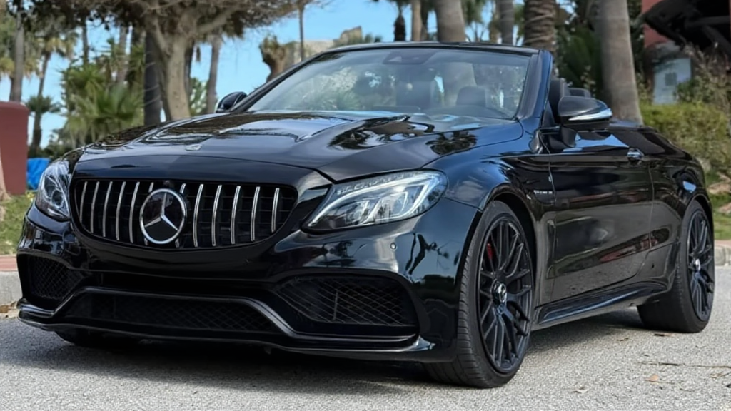 Front view of Mercedes-AMG C63 S Cabriolet luxury convertible available for rent in Marbella