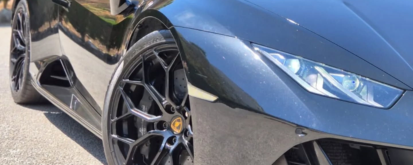 Front right corner view of Lamborghini Huracán EVO Spyder luxury supercar rental in Marbella