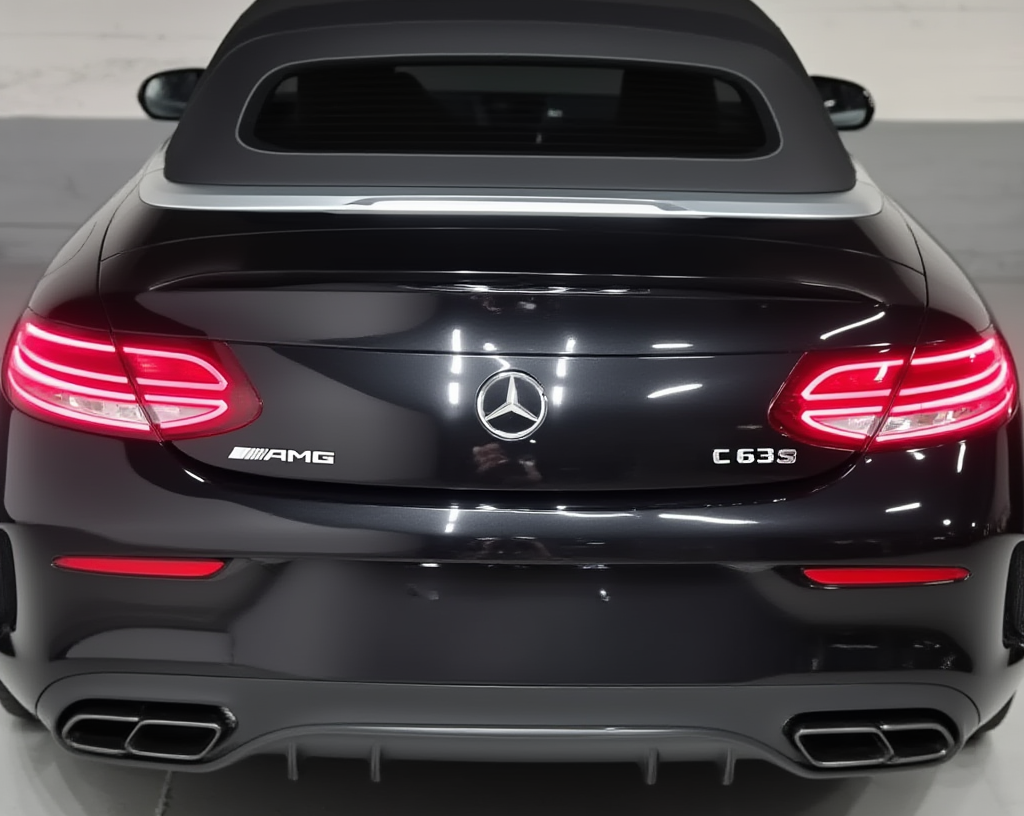 Straight rear view of black Mercedes C-Class cabriolet with LED tail lamps, subtle diffuser-style bumper and elegant convertible design, Mercedes rental Marbella