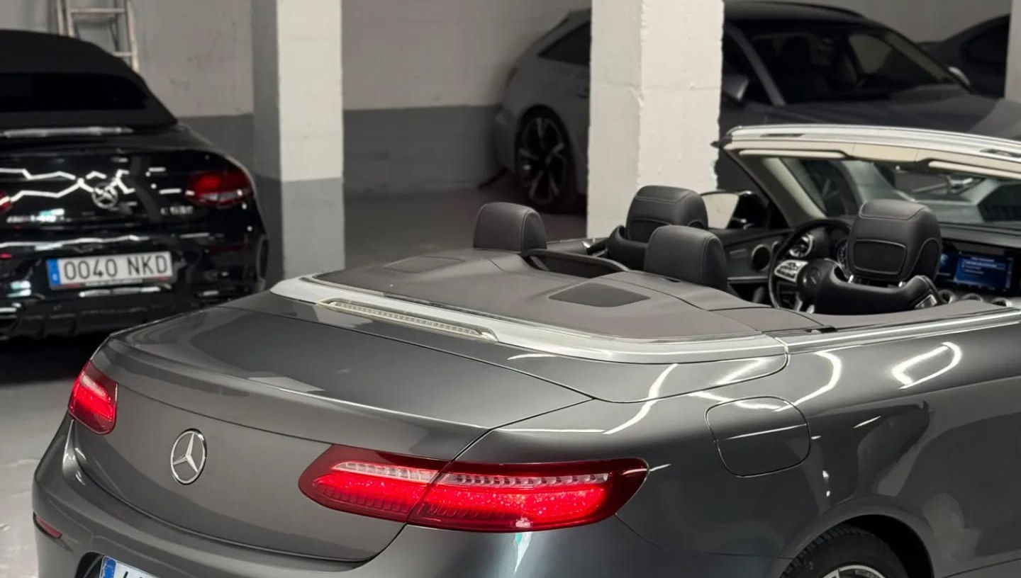 Rear right side view of Mercedes E-Class Cabriolet luxury rental vehicle in Marbella