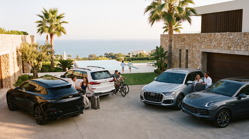Families arriving at a luxury Marbella villa with an Aston Martin DBX 707, BMW X7, Audi Q7 and Porsche Cayenne E-Hybrid during a Costa del Sol holiday.