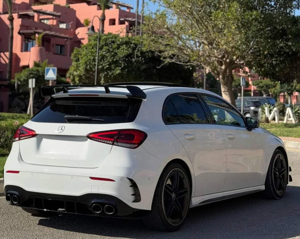 Side view of Mercedes-AMG A45 luxury hot hatch available for hire in Marbella