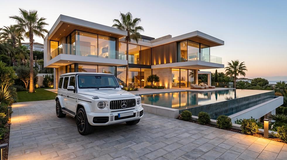 White Mercedes G63 AMG parked at a luxury Marbella villa with an infinity pool