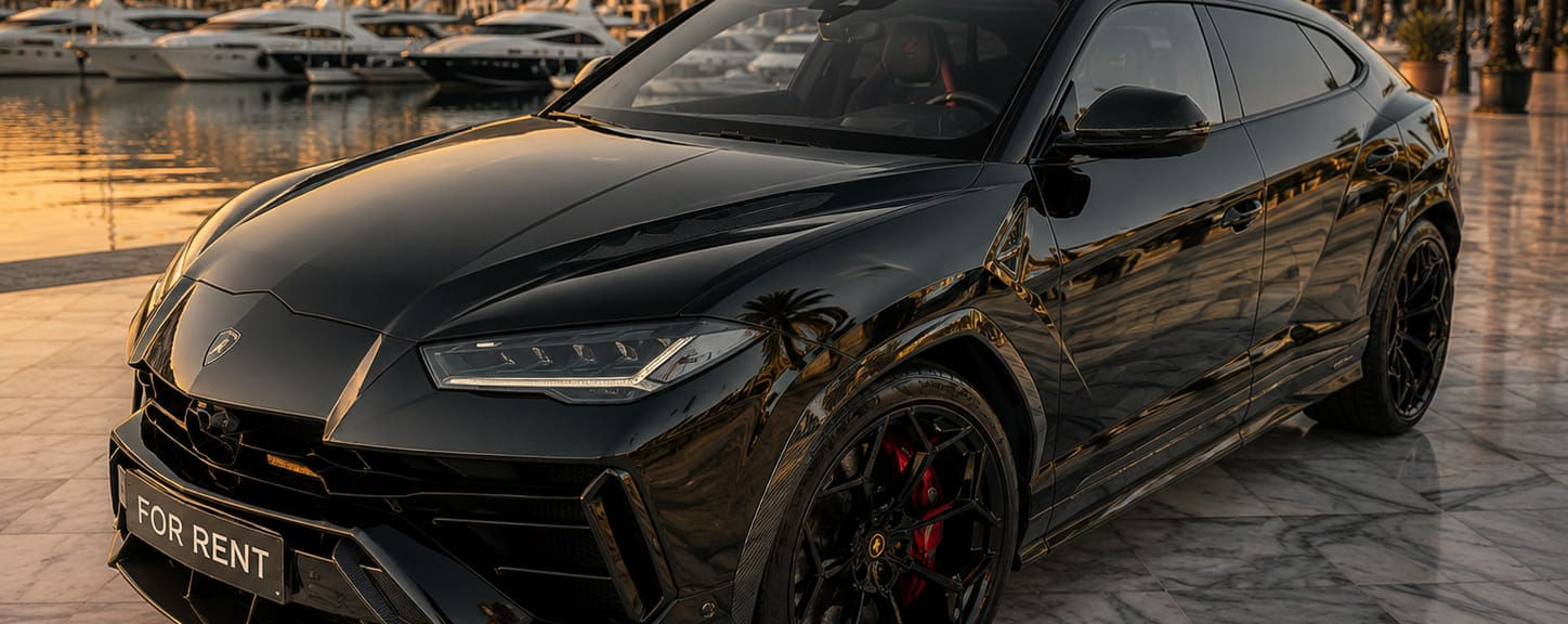 Front left side view of Lamborghini Urus luxury SUV available for rent in Marbella