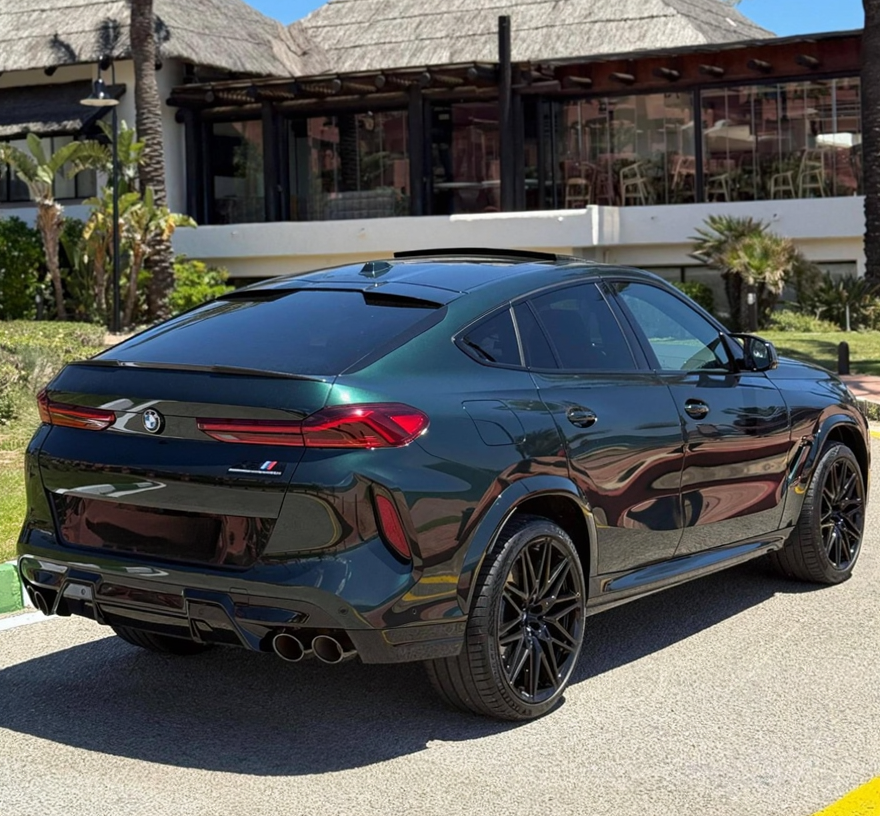 Rear right side view of BMW X6M available for hire in Marbella