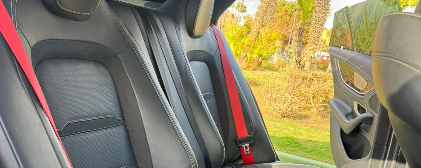 Rear seats area inside Mercedes-AMG GT (2+2 configuration) available for rent in Marbella