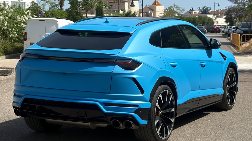 Rear three-quarter view of Lamborghini Urus rental in Marbella showcasing sporty SUV proportions and signature Lamborghini design
