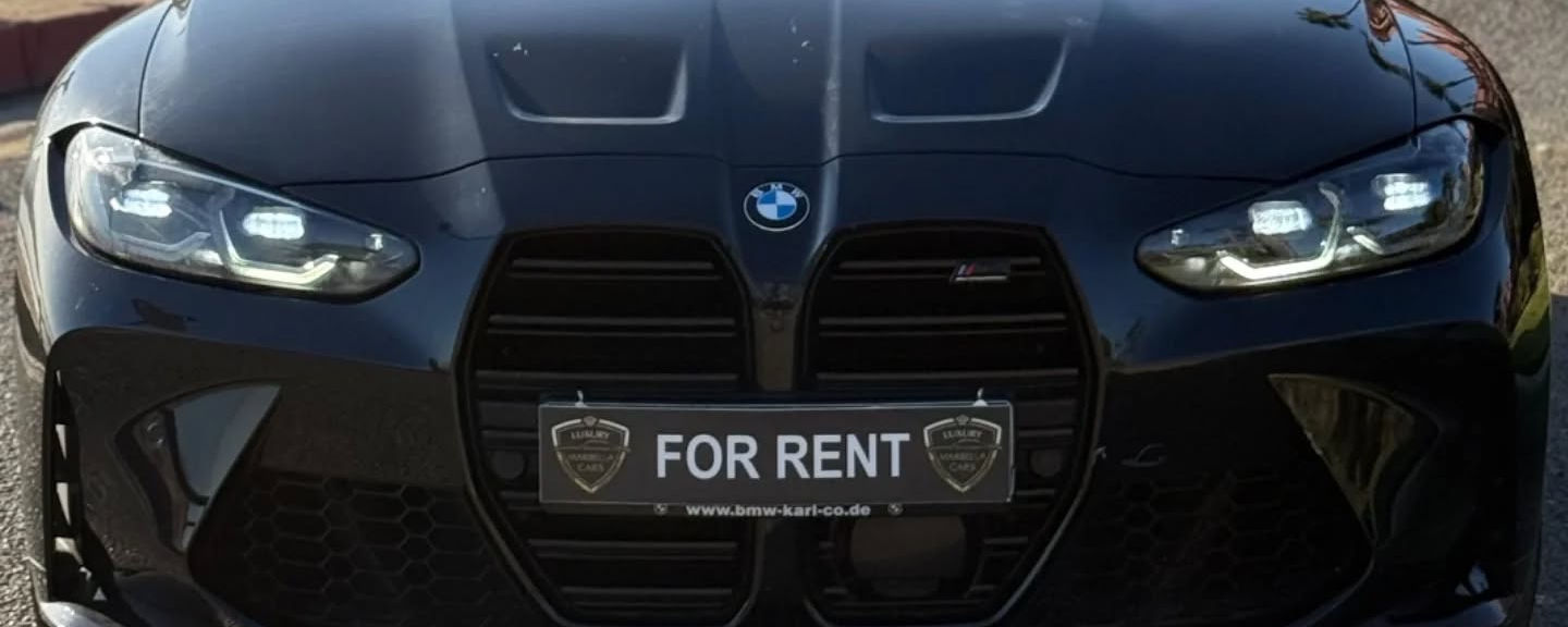 Front view of BMW M3 high-performance sedan rental in Marbella