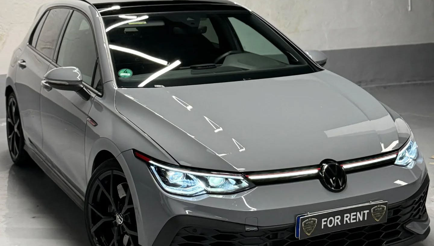Front view of Volkswagen Golf GTI sporty compact car rental in Marbella