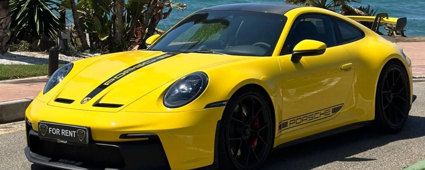 Front view of Porsche 911 GT3 high-performance track-focused sports car available for rent in Marbella