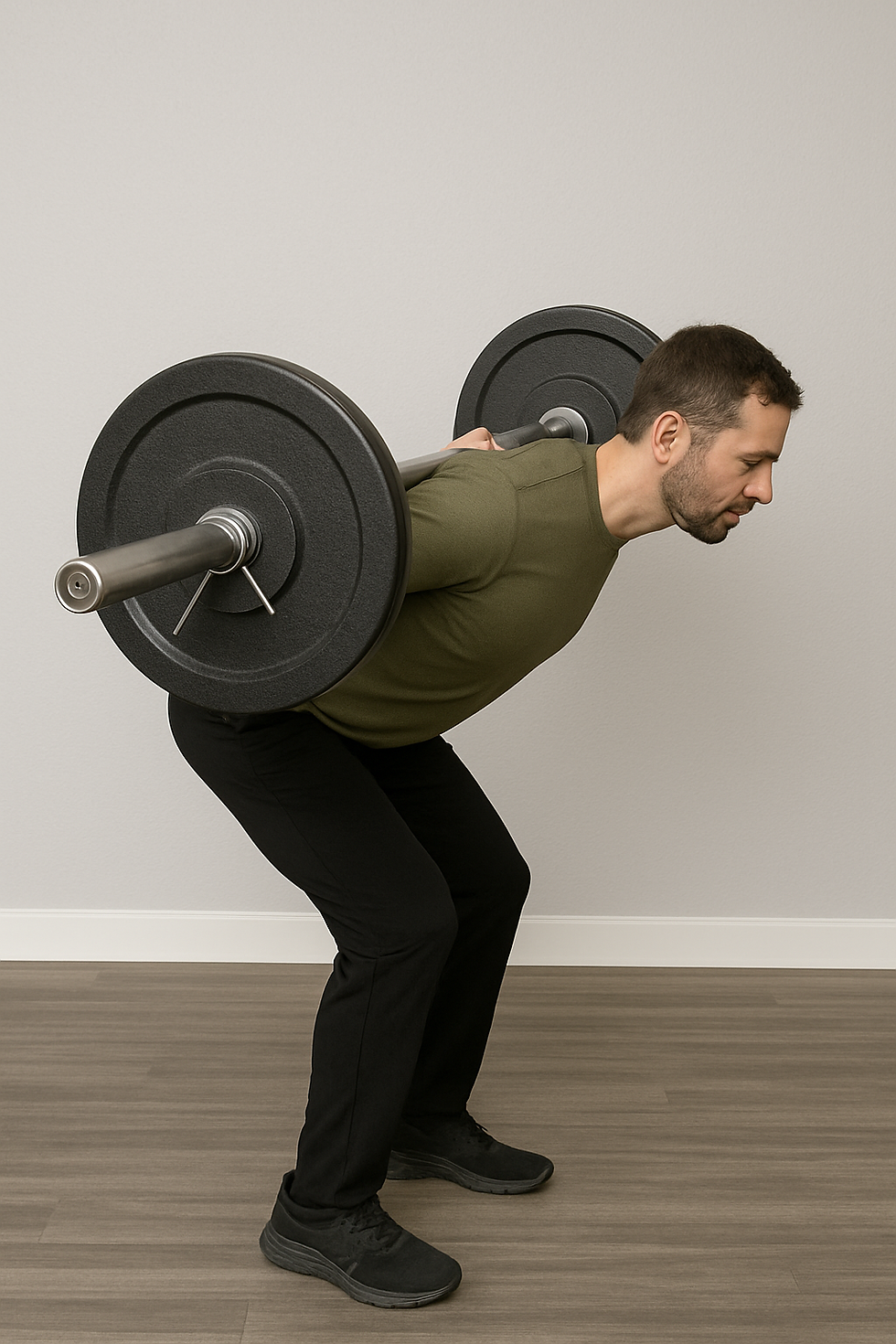 Man performing barbell good morning exercise for low back strength and posture control – part of low back pain prevention