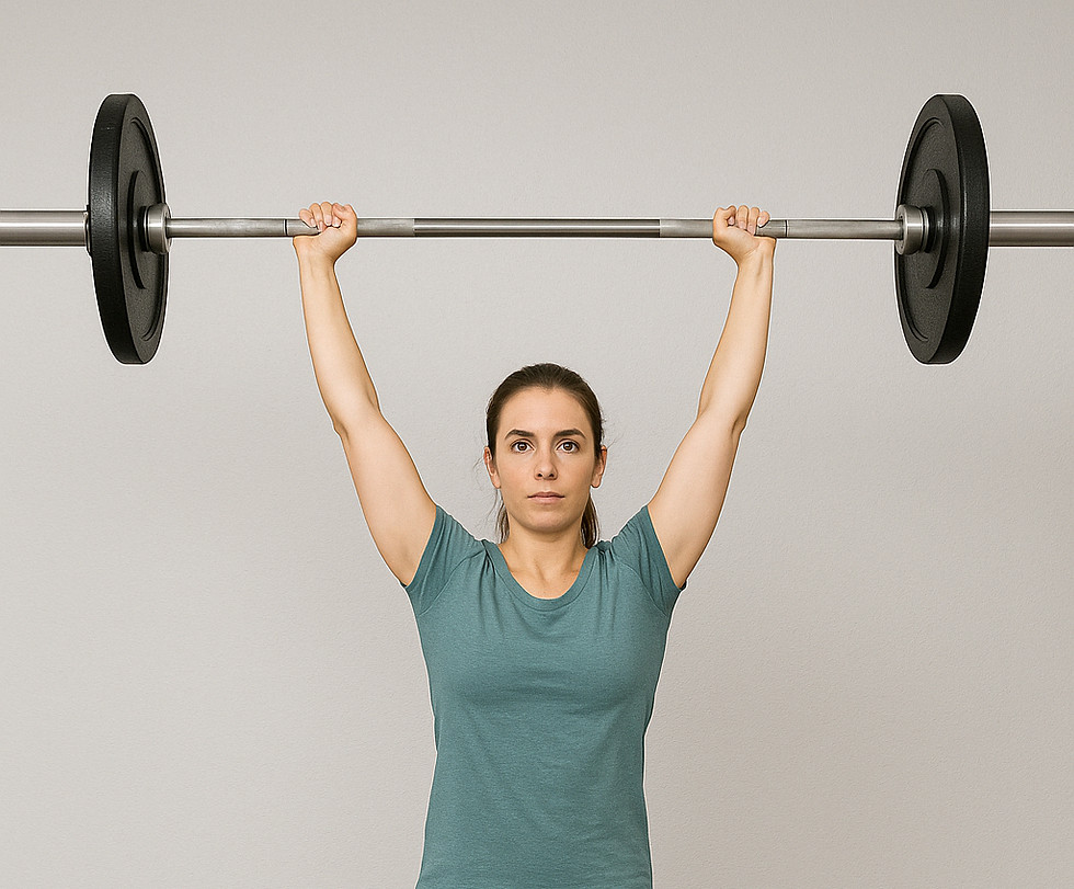 Woman performing overhead barbell press to build shoulder strength and control – part of shoulder pain prevention program