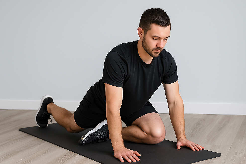 Man performing pigeon stretch to improve hip mobility and relieve tightness – part of hip pain prevention program