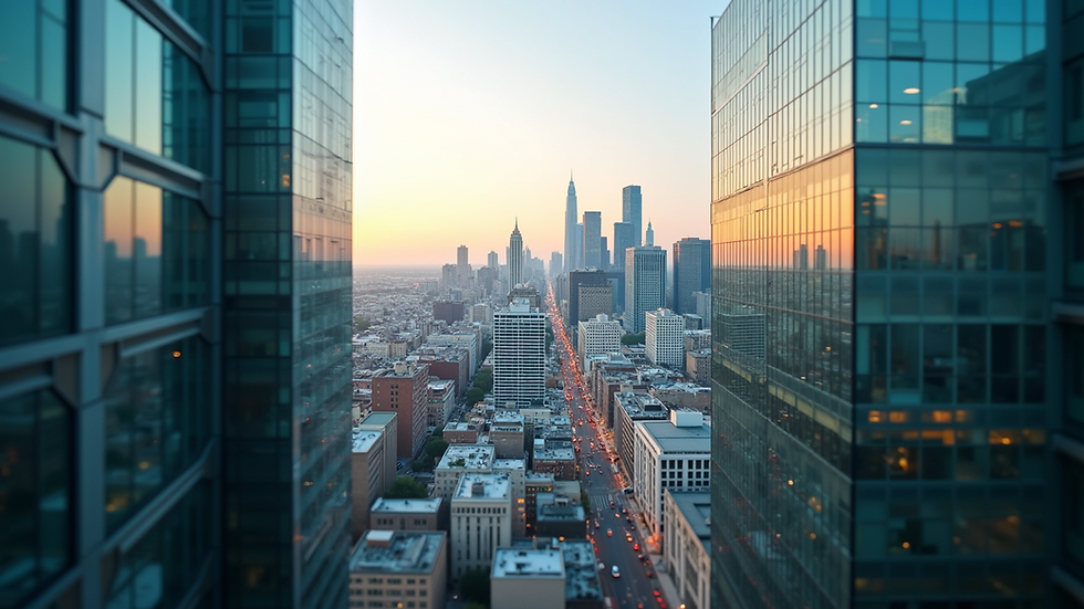 Eye-level view of a bustling city skyline with modern buildings