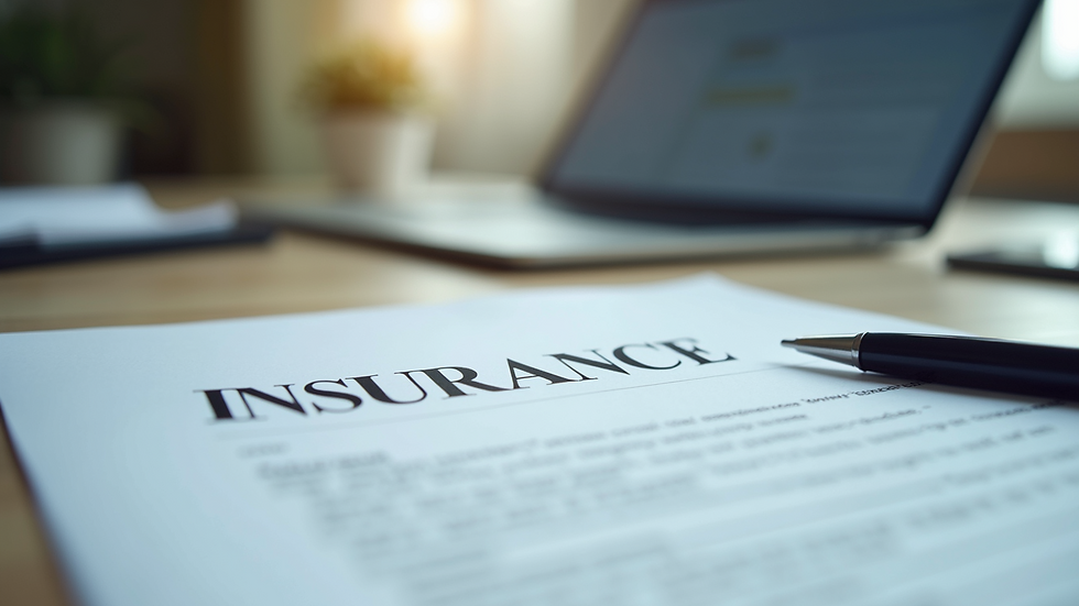 Eye-level view of a desk with insurance documents and a pen