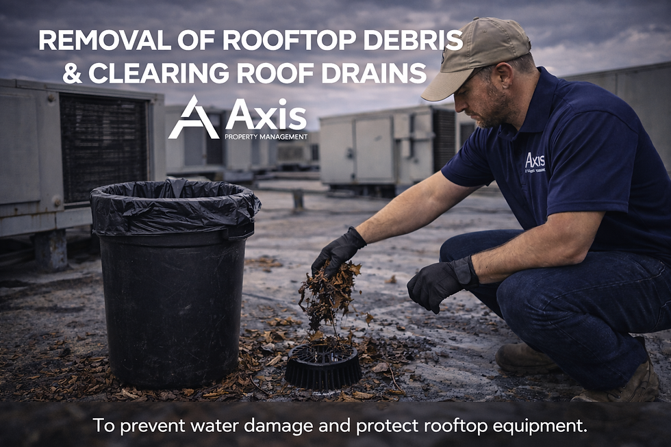 Man clearing roof drains: REMOVAL OF ROOFTOP DEBRIS & CLEARING ROOF DRAINS.
