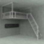 Zawieszone łóżko loft z metalu, szerokość 140 cm, z barierkami i schodami bocznymi, montowane do ściany i sufitu.