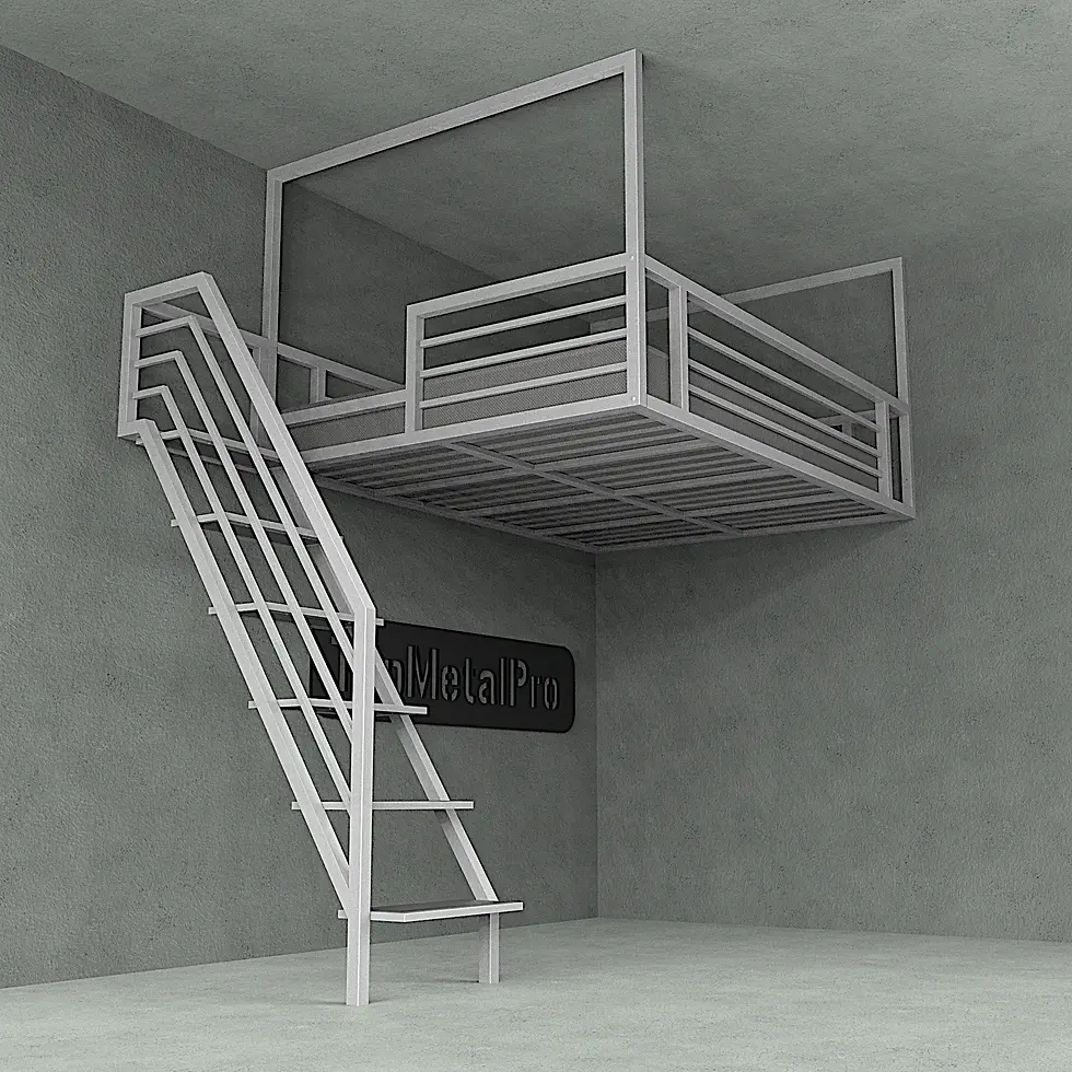 Miniatura: Zawieszone łóżko loft z metalu, szerokość 140 cm, z barierkami i schodami bocznymi, montowane do ściany i sufitu.
