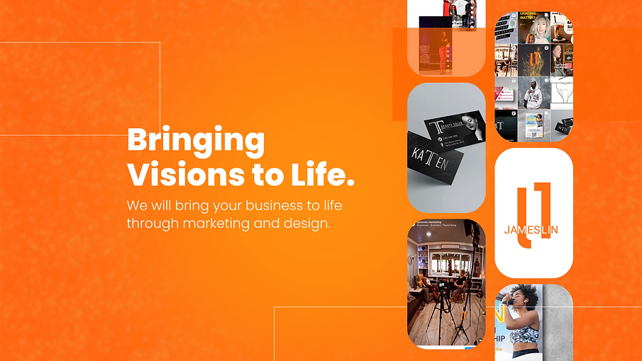 Title says "bringing visions to life. We will bring your business to life through marketing and design." A carousel of photos of designs is on the right.