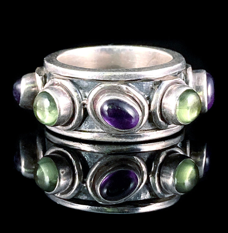 Vintage Unique Designer Peridot Amethyst Sterling Silver Rotating Spinning Ring