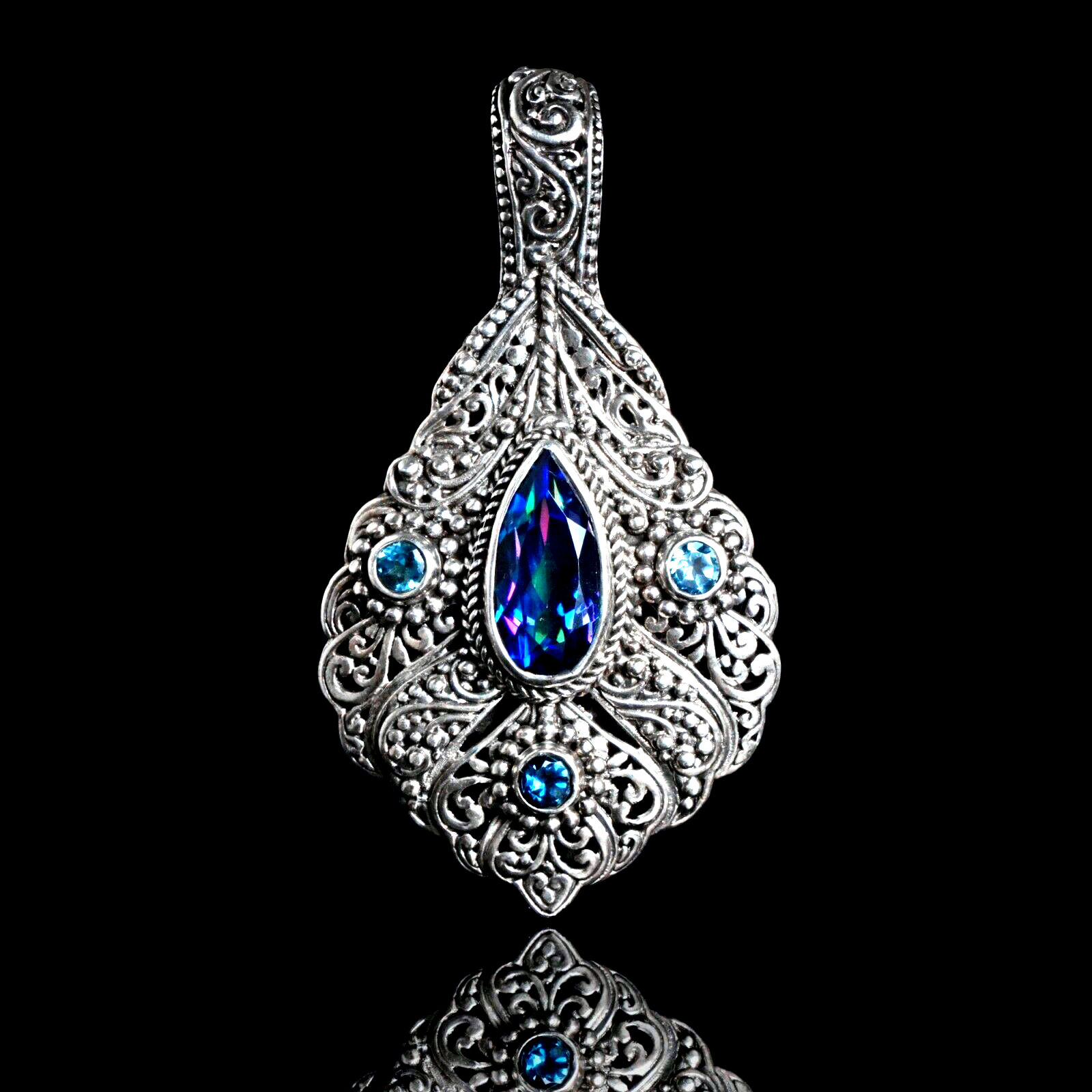 Vintage Bali Designer SARDA Mystic Topaz Blue Zircon Sterling Silver Pendant