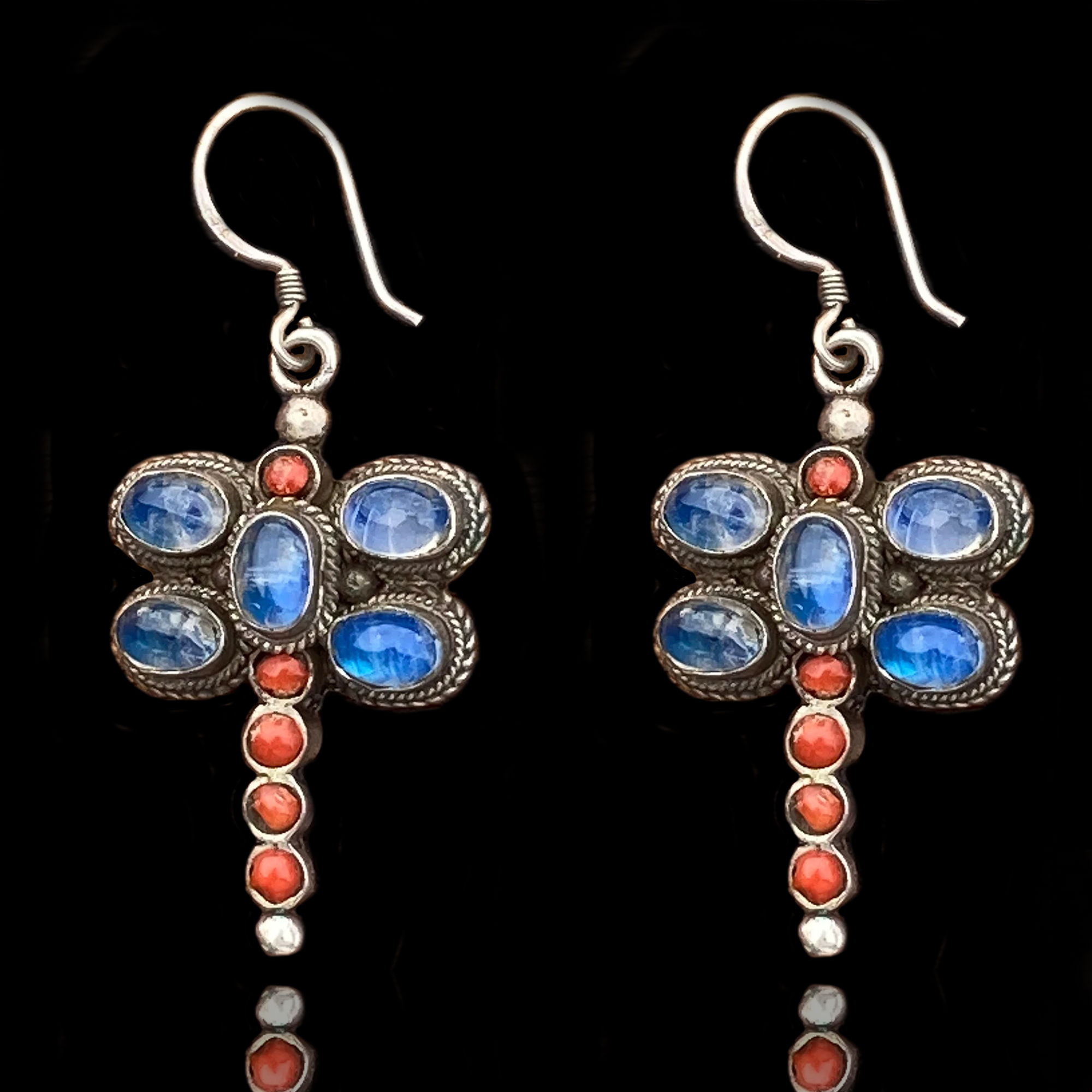 Absolutely Stunning Vintage Blue Moonstone & Red Coral Sterling Silver Dragonfly