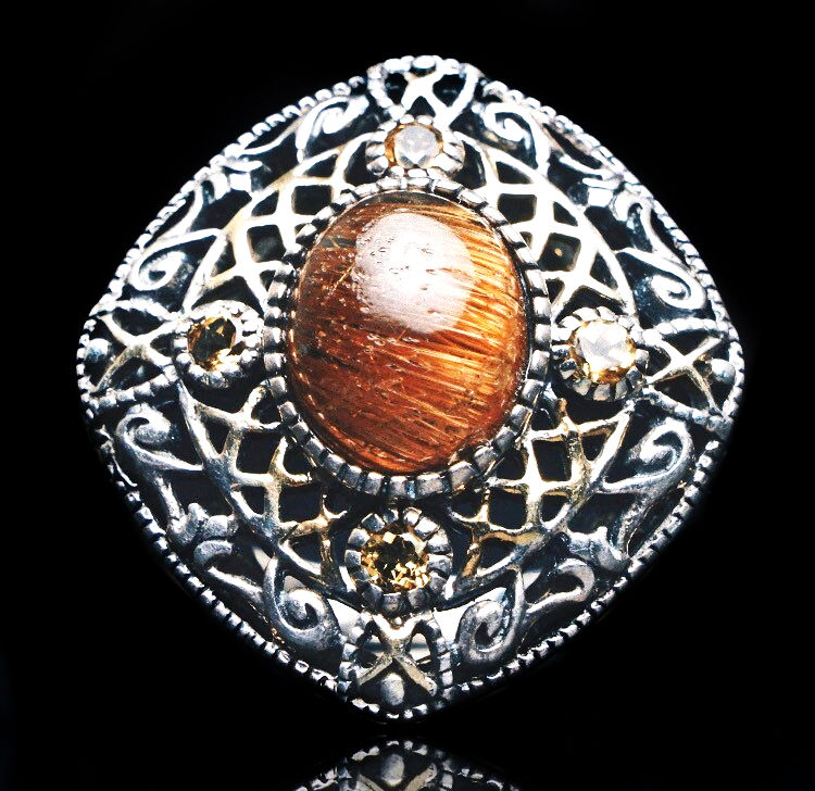 Absolutely Stunning Vintage Rutilated Quartz & Citrine Sterling Silver Ring