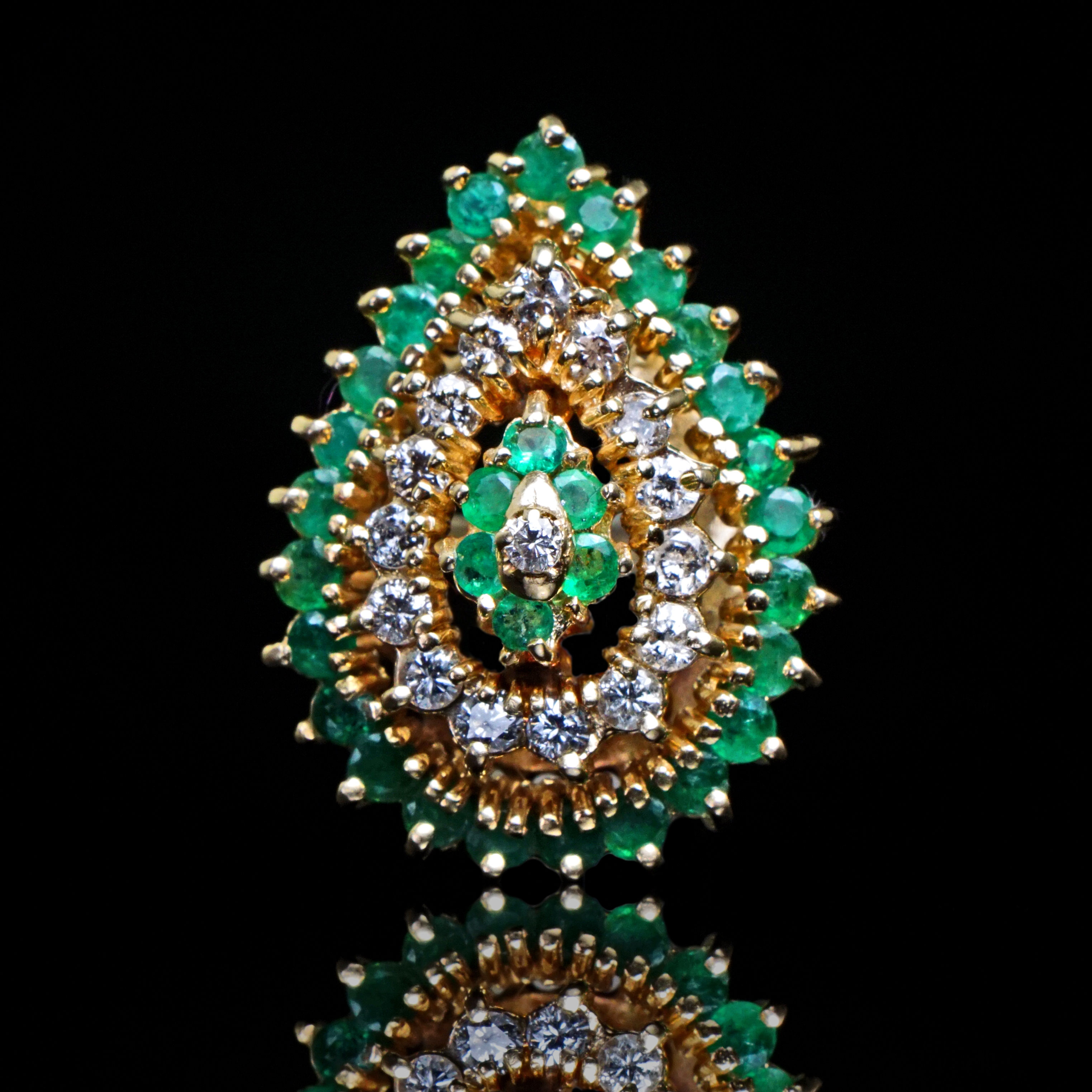 Huge Solid 14K Yellow Gold 1.55 Cttw Emerald & .90 Cttw Diamond Cocktail Ring