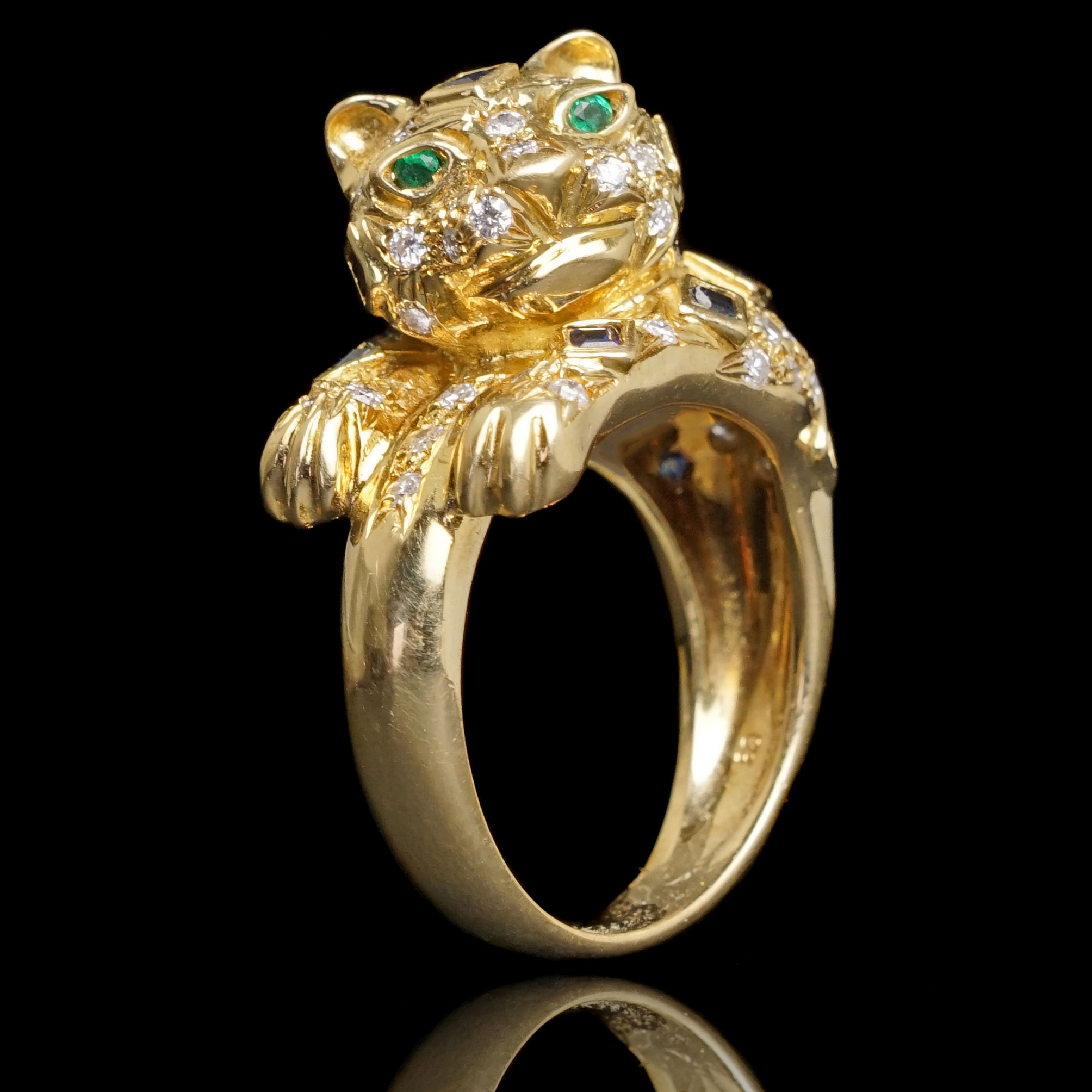Heavy Custom 18K Yellow Gold Diamond, Emerald & Sapphire Panther Ring