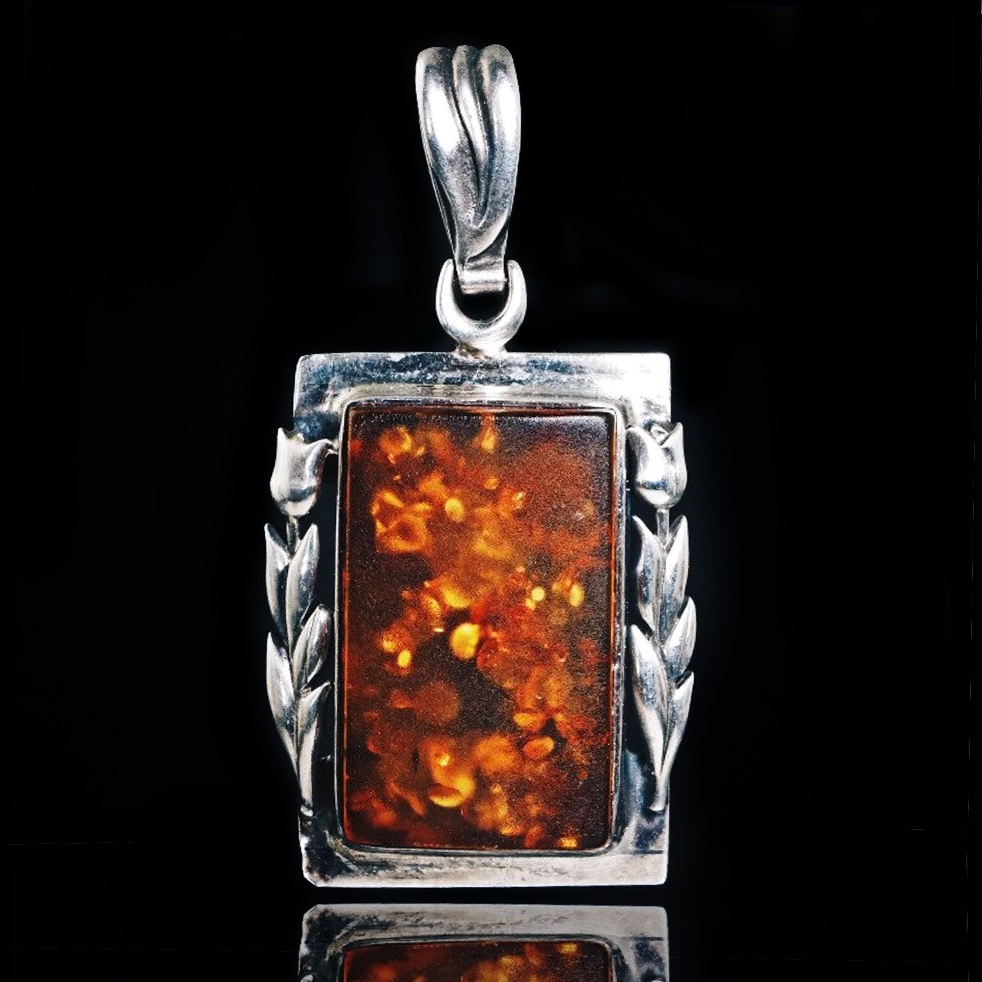 Stunning Large Vintage Baltic Amber Sterling Silver Flower Pendant