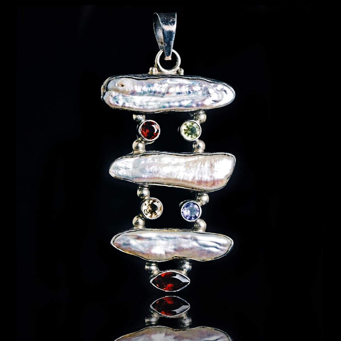 Stunning Vintage Unique Baroque Pearls & Multi Gemstone Sterling Silver Pendant
