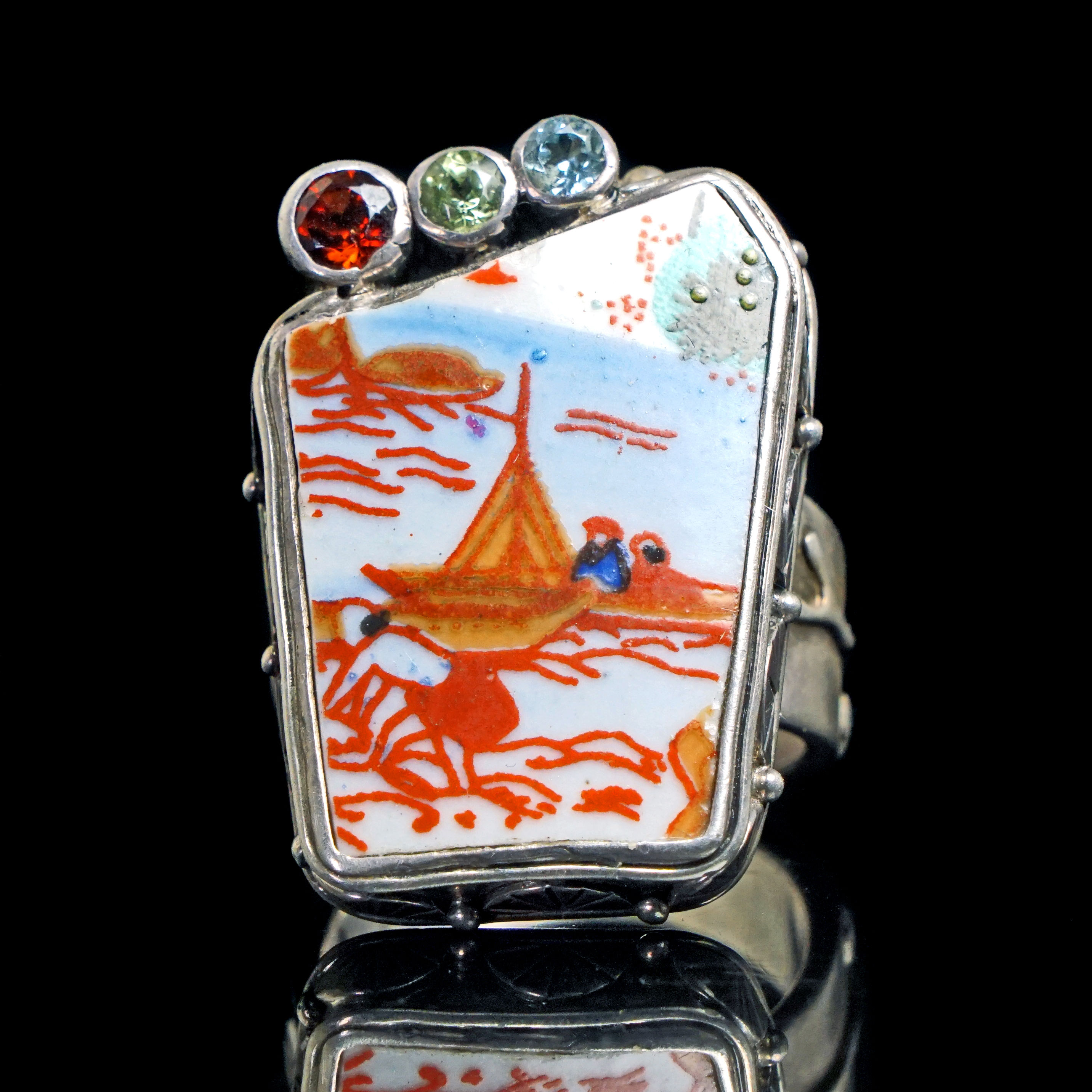 "Echo of the Dreamer" Mars & Valentine Pottery Multi Gem Sterling Silver Ring