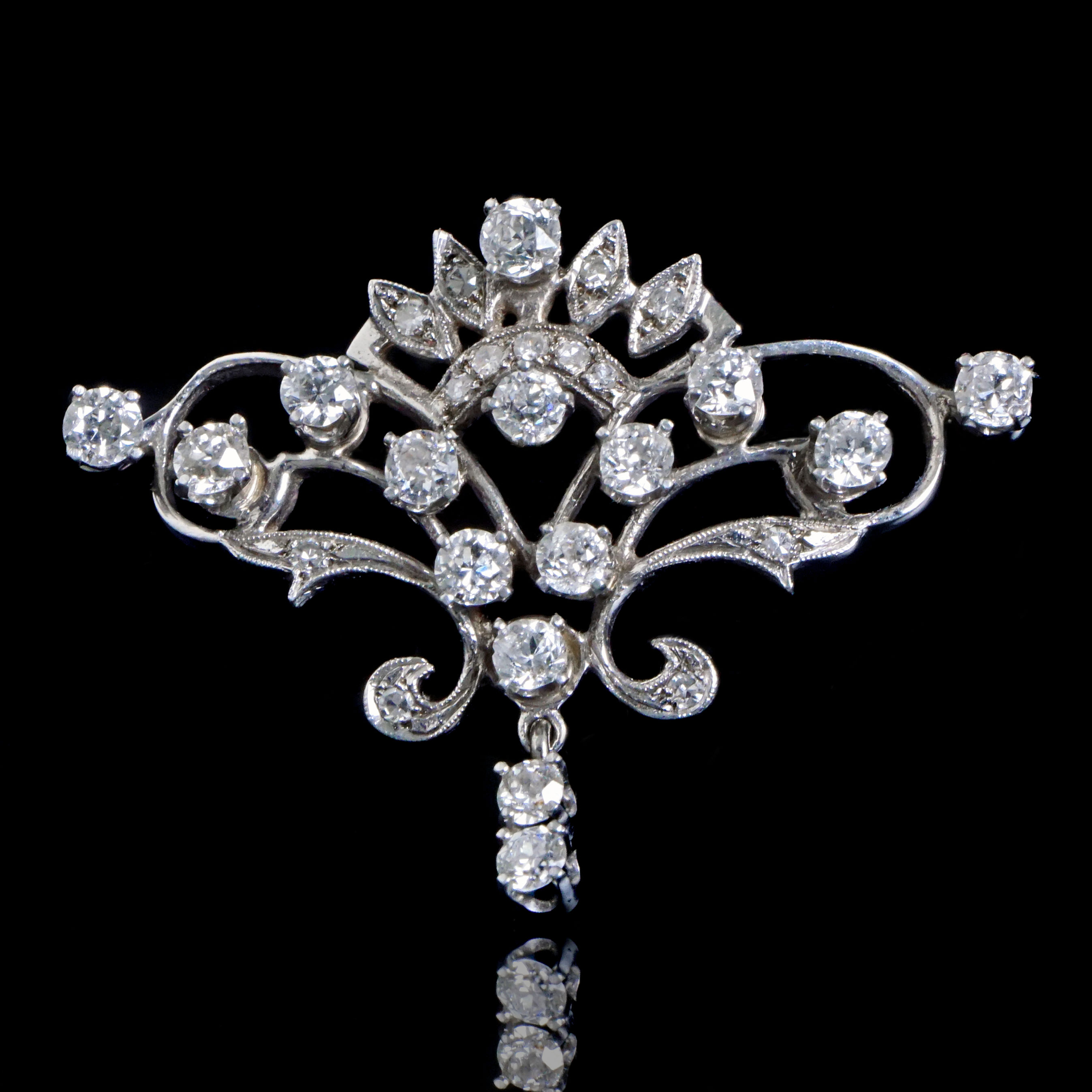 Stunning Art Deco/ Art Nouveau 14K White Gold & Diamond Brooch