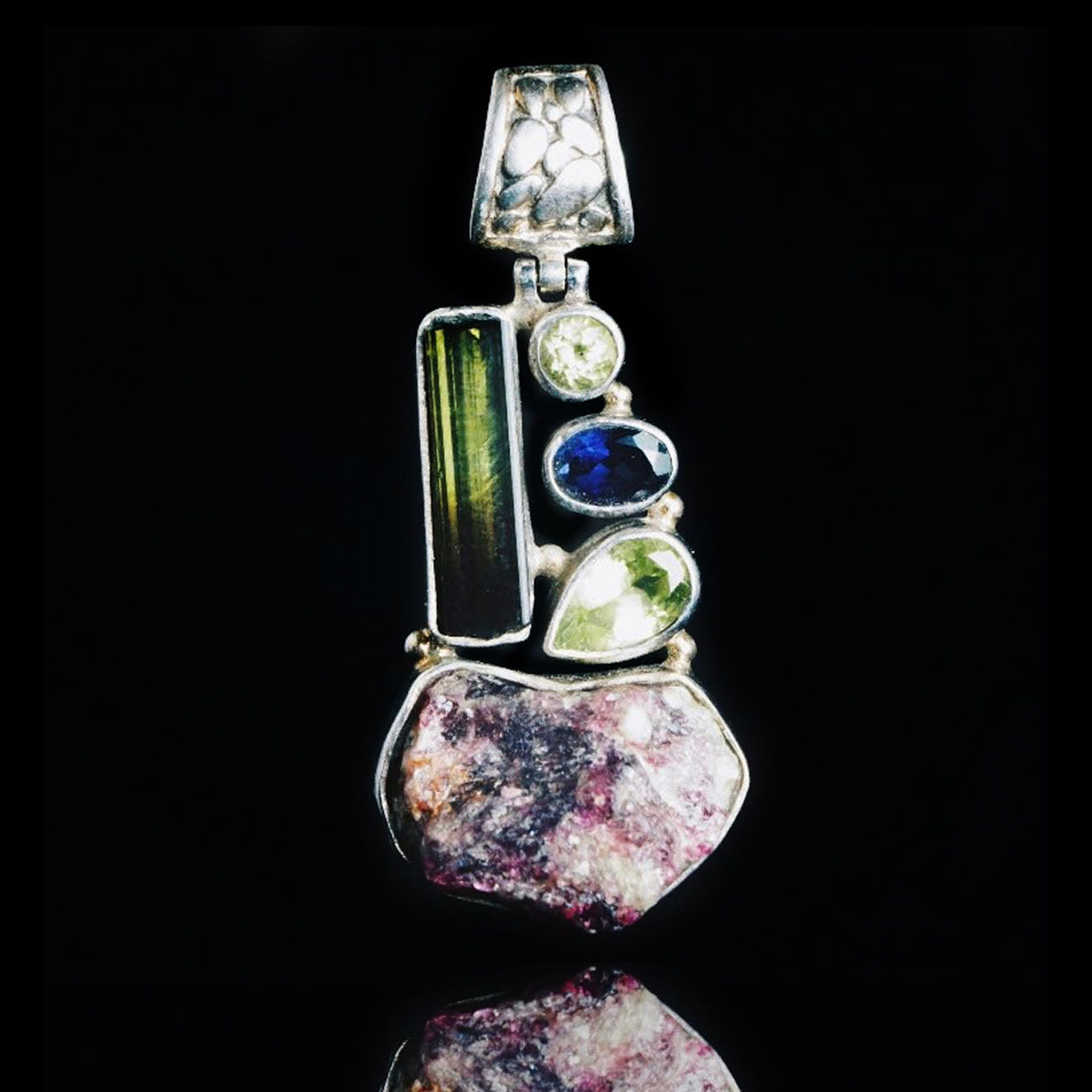 Absolutely Stunning Vintage Unique Raw Multi Gemstone Sterling Silver Pendant