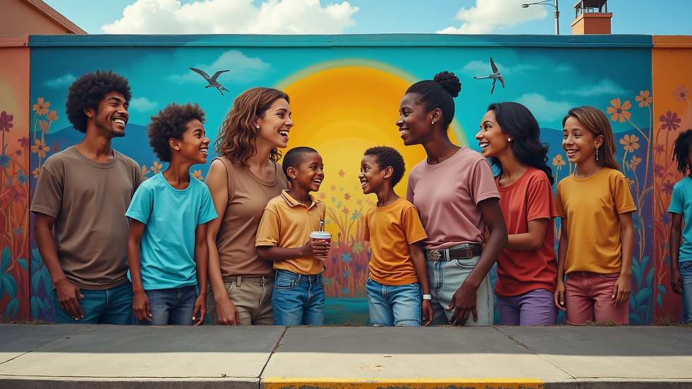 Eye-level view of a vibrant mural depicting community and compassion