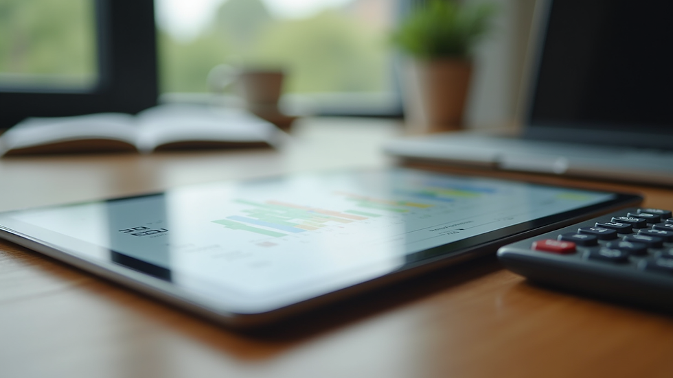Eye-level view of a laptop displaying financial charts on a desk