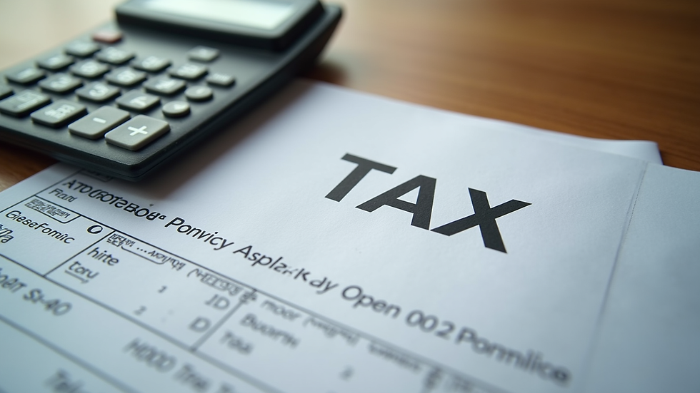 Close-up view of a calculator and tax forms on a wooden desk