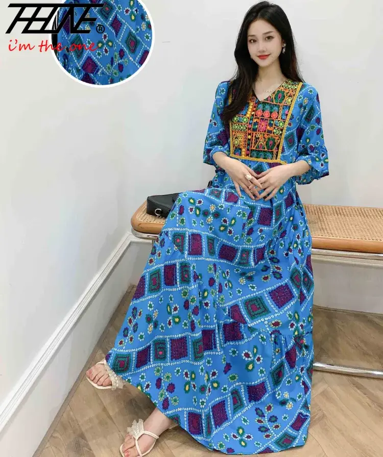 Thumbnail: Indian Dress for Women Summer Embroidery Chic Elegant Party Dresses Clothes Vint