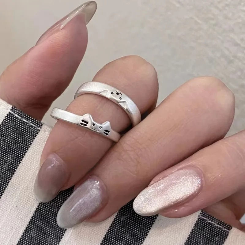 Thumbnail: Korean Sliver Color Cat Dog Rings for Women Men Simplicity Cartoon Couple Ring F