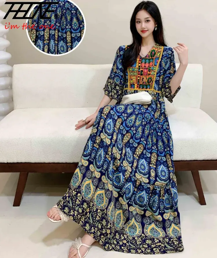 Thumbnail: Indian Dress for Women Summer Embroidery Chic Elegant Party Dresses Clothes Vint