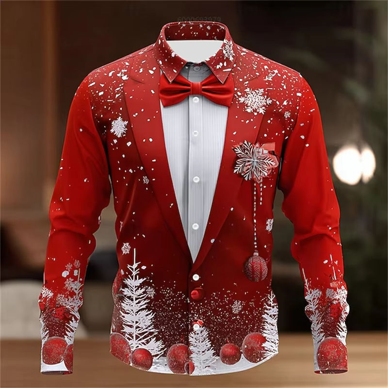Thumbnail: 2026 Men's Fashion Snowflake Tie Print Lapel Shirt Long Sleeve Button Up Autumn 