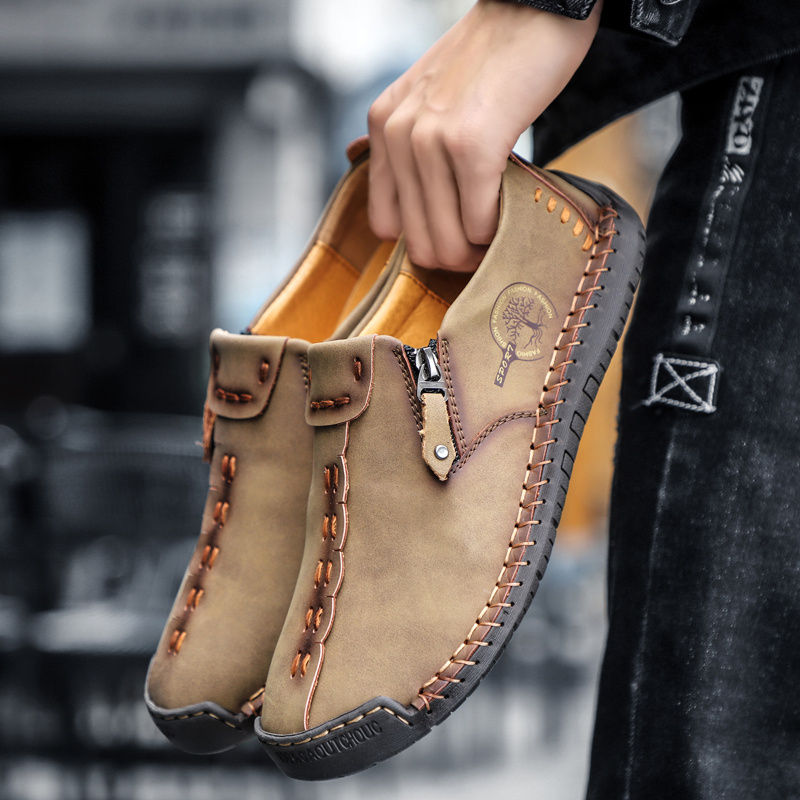 Thumbnail: Men'S Vintage Loafers - Handmade Synthetic Shoes with Zipper Closure, Round Toe 