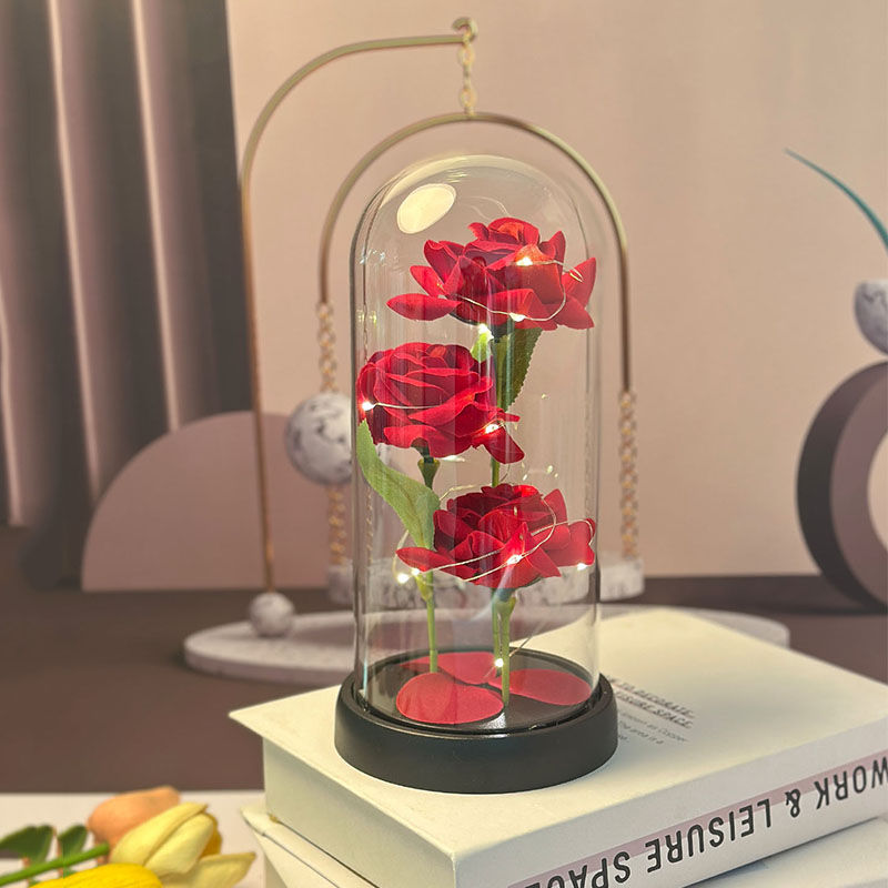 Thumbnail: 1PC Valentine's Day artificial flowers three rose glass cover Mother's Day weddi