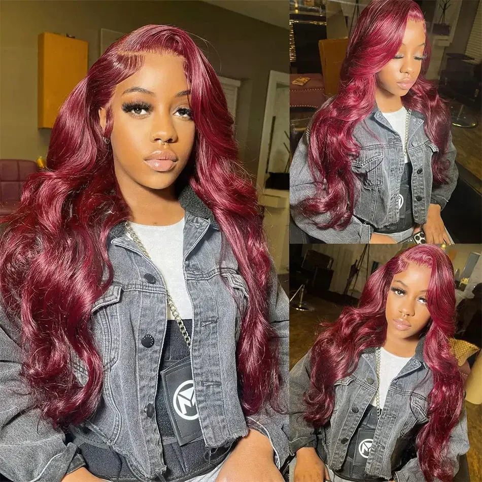 Thumbnail: 200 Density 99J Burgundy Colored Body Wave Human Hair Wigs For Women 42 44 Inch 