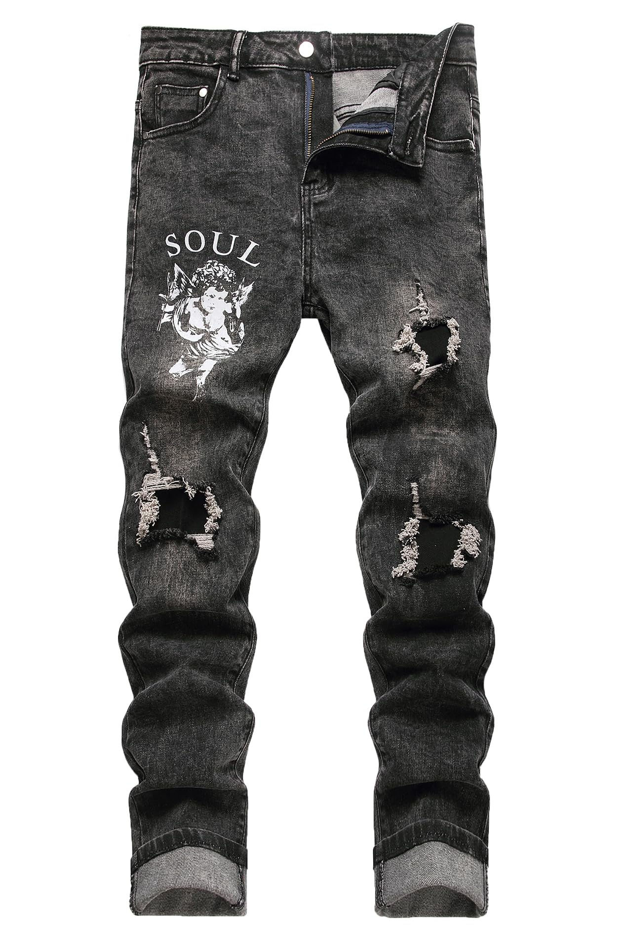 Baylvn Men's Casual Straight Slim Fit Stretch Skinny Printed Pants Ripped Pat...